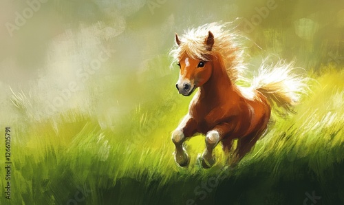 A playful pony trotting through green grass with a joyful look