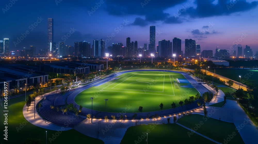 Fototapeta premium Aerial view of urban sports complex with illuminated fields and geometric seating arrangements