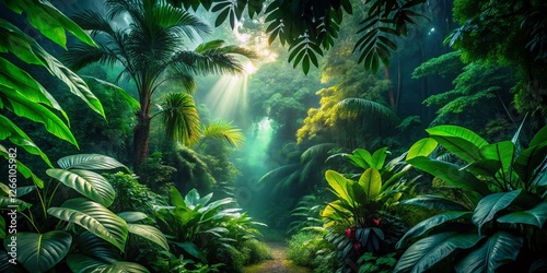 Sun Dappled Jungle, Lush Green Foliage, Vibrant Rainforest, Tropical Plants, Nature Photography