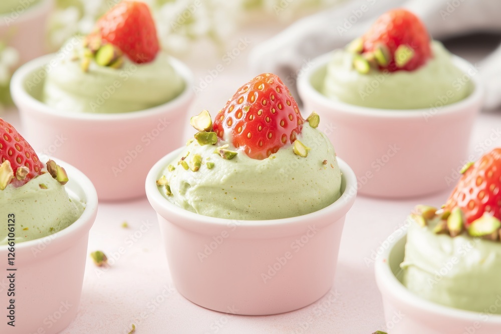 fresh strawberries delicately dipped in smooth pastel-green matcha frosting, dusted with crushed pistachios for added texture fresh strawberries delicately dipped in smooth pastel-green matcha frosting, dusted with crushed pistachios for added texture