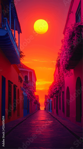 Vibrant Sunset Cityscape: Colorful Colonial Street with Pink Flowers and Orange Sky in Vector Art, Capturing Scenic Coastal View and Historic Architecture