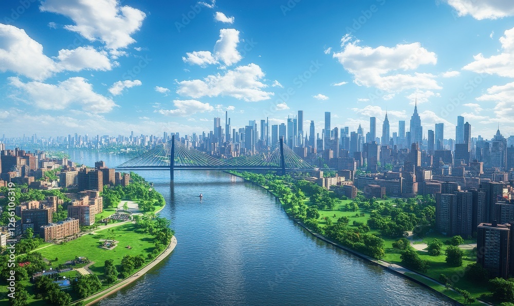 Fototapeta premium From above, one can see a modern city skyline, an impressive cable-stayed bridge, a winding river, an urban landscape, lush green parks