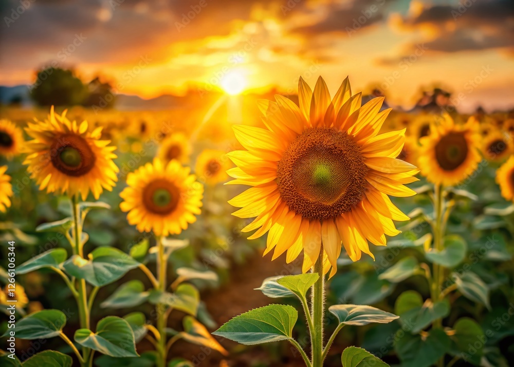 Fototapeta premium Sunflowers Field Bokeh, Summer Meadow, Golden Blooms, Vibrant Yellow Flowers, Nature Photography