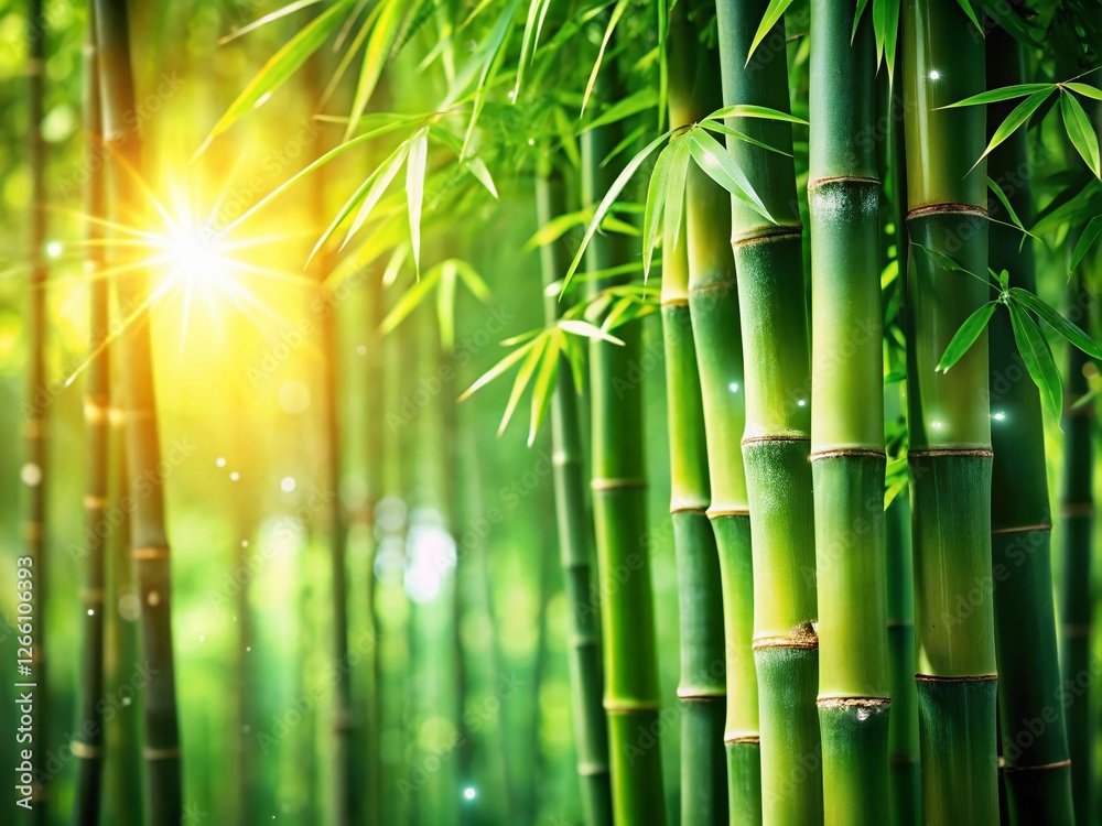 Obraz premium Sunlight Dappled Dewy Bamboo Forest Stock Photo