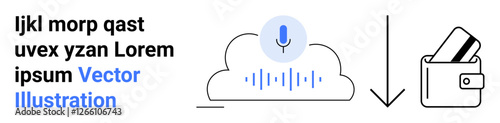 Microphone icon within cloud emitting sound waves, downward arrow pointing to wallet with credit card. Ideal for payment systems, finance, cloud technology, voice recognition, digital wallets, online