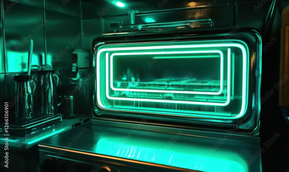 Obraz premium Green neon lines in bold, moving rapidly, light up a futuristic appliance.
