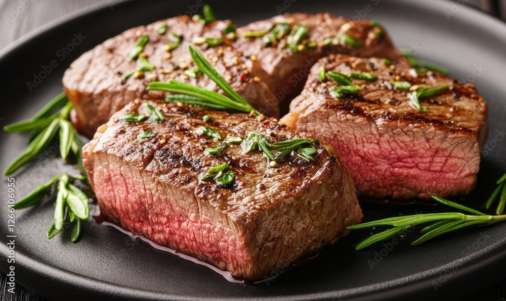 Grilled Bone-In Steak With Herbs on Black Plate Grilled Bone-In Steak With Herbs on Black Plate