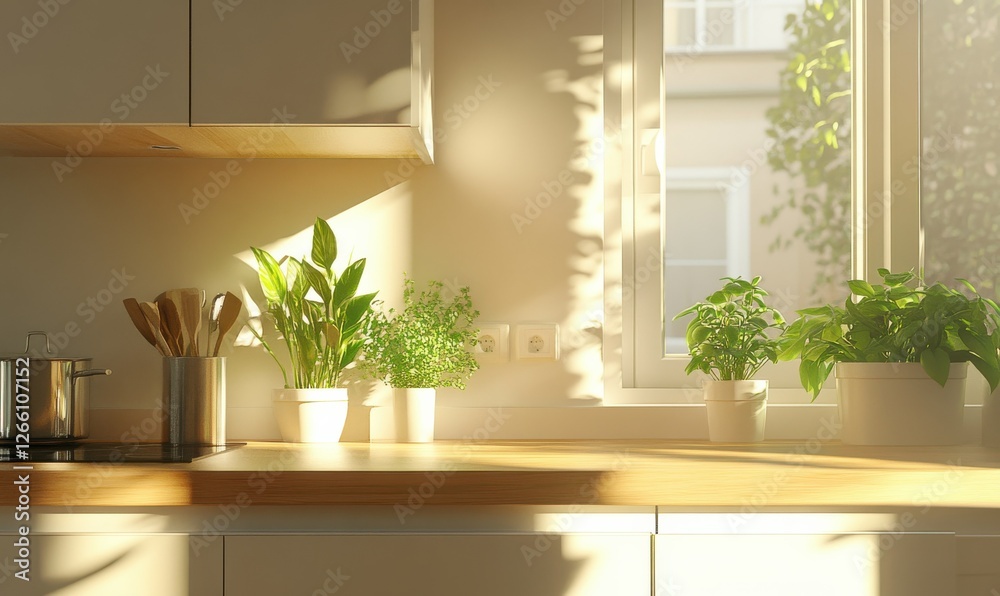 Fototapeta premium Bright kitchen interior with wooden counters, white cabinets, and green plants on the windowsill, sunlight streaming in and creating a fresh inviting atmosphere, clean minimalist design