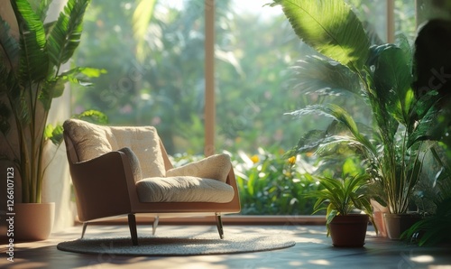Bright indoor space with a comfortable armchair, a small potted plant, and large windows revealing a garden view.