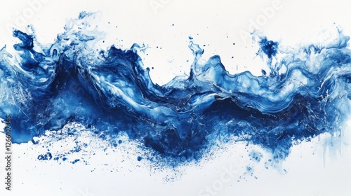 Abstract blue wave painting, ocean splash, white background, art decor photo