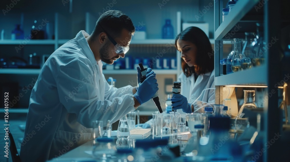 Advanced scientific lab, two researchers analyzing chemicals in a flask, discussing findings, medical research, biotechnology, molecular biology Advanced scientific lab, two researchers analyzing chemicals in a flask, discussing findings, medical research, biotechnology, molecular biology