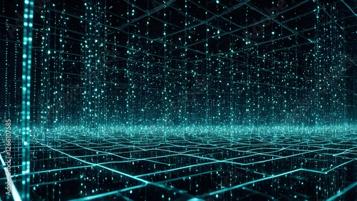 Abstract background of a futuristic digital grid with teal glowing lights and lines, creating a mesmerizing network effect.
