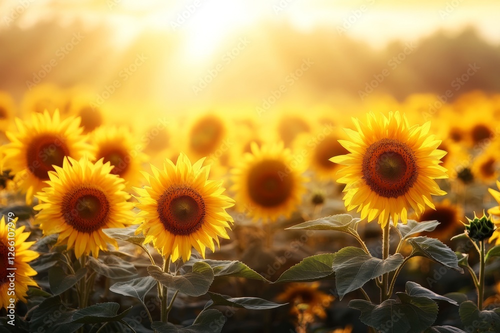 Fototapeta premium Sunflowers bloom under a warm sunset in a vibrant field filled with golden petals