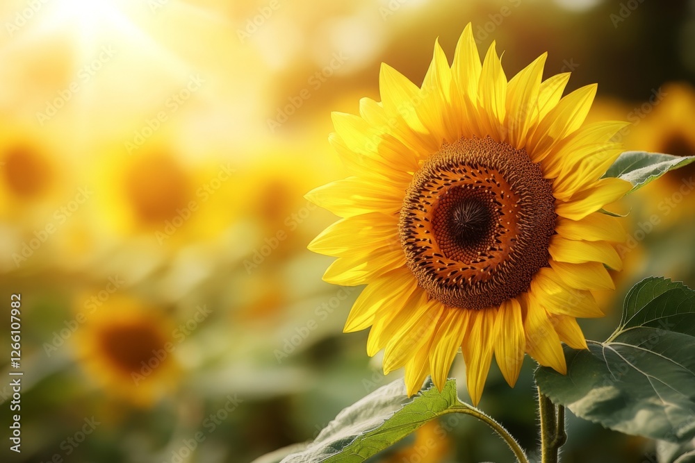 Fototapeta premium Vibrant sunflower in a blooming field during golden hour with sunlit background capturing nature's beauty