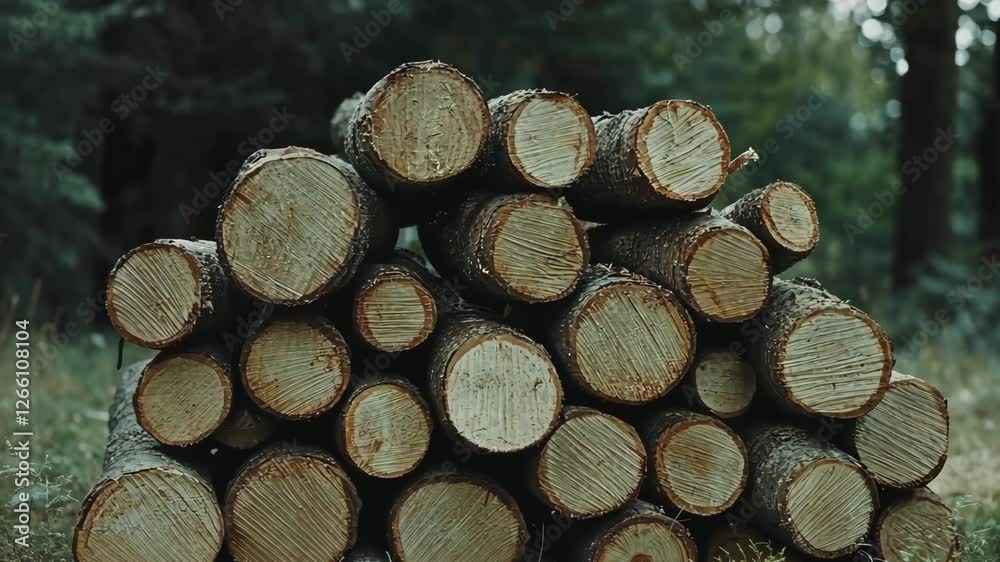 Stacked logs in a forest clearing surrounded by greenery during the daytime