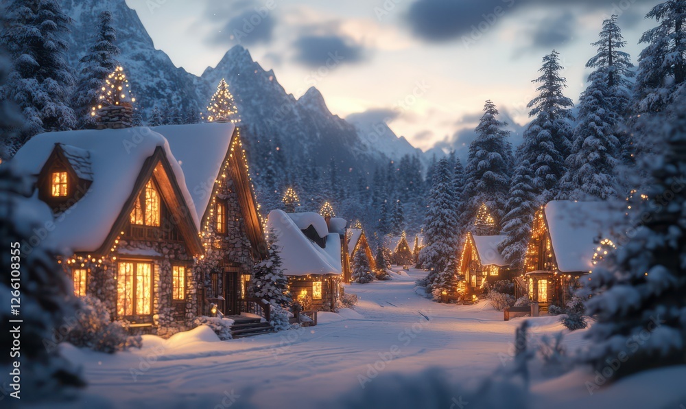Naklejka premium Scenic winter village with snow-covered rooftops, warm glowing windows, and a peaceful alpine backdrop