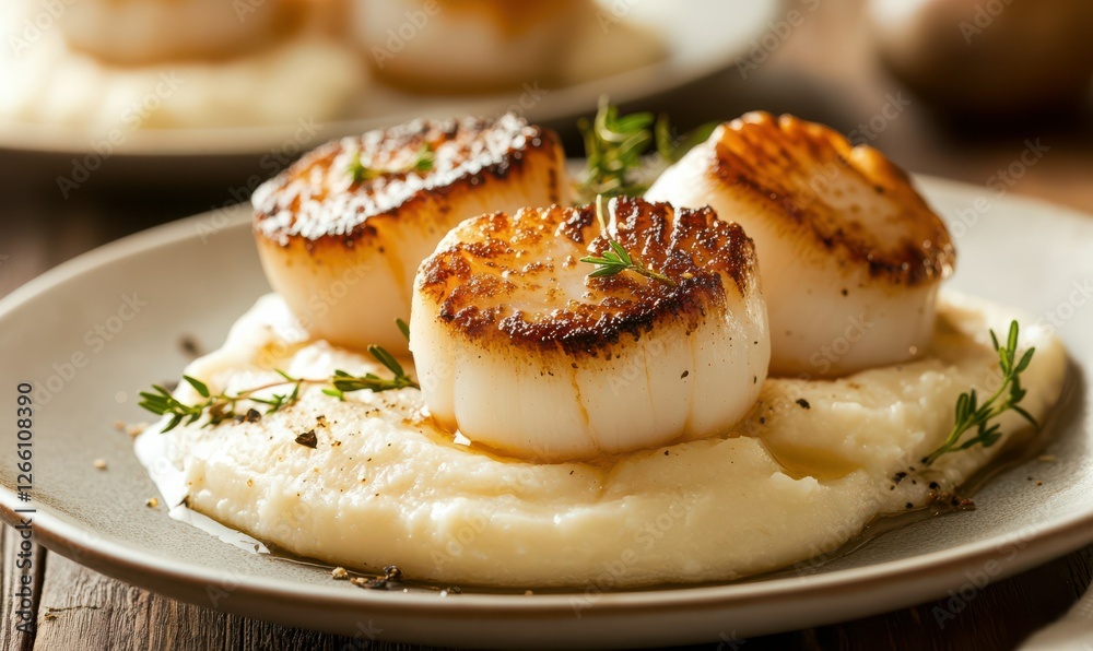 Seared scallops served with puree and seasoning, plated on a rustic wooden table for an elegant dining experience Seared scallops served with puree and seasoning, plated on a rustic wooden table for an elegant dining experience
