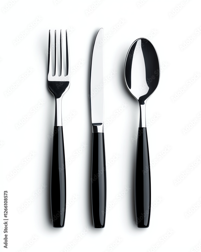 stylish fork, knife, and spoon set with black handles isolated on white background, showcasing modern design and elegance