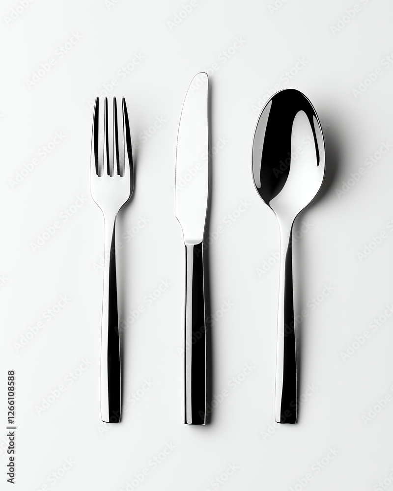 stylish silverware set featuring fork, knife, and spoon arranged neatly on white background, showcasing their sleek and modern design stylish silverware set featuring fork, knife, and spoon arranged neatly on white background, showcasing their sleek and modern design