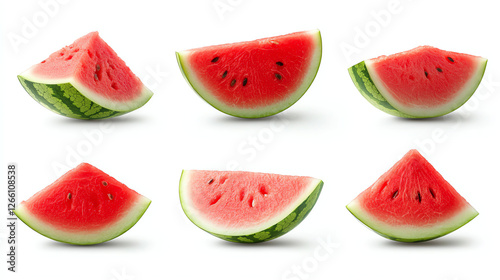Slices of juicy watermelon arranged in various poses on white background, showcasing their vibrant red flesh and green rind. fresh and summery appearance highlights fruit natural appeal