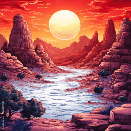 Stunning Vector Illustration of Desert Landscape with Rocky Cliffs, Setting Sun, and Riverbed in Vivid Colors for Nature, Art, and Adventure Enthusiasts