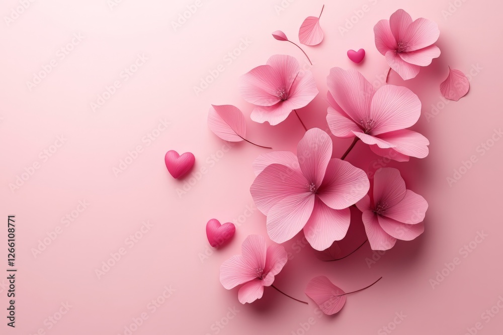 Fototapeta premium Pink flowers and hearts arranged on a soft pink background for a romantic occasion or celebration