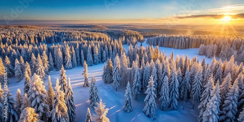 Sunny Winter Forest in Finland: Snow Covered Trees with Copy Space
