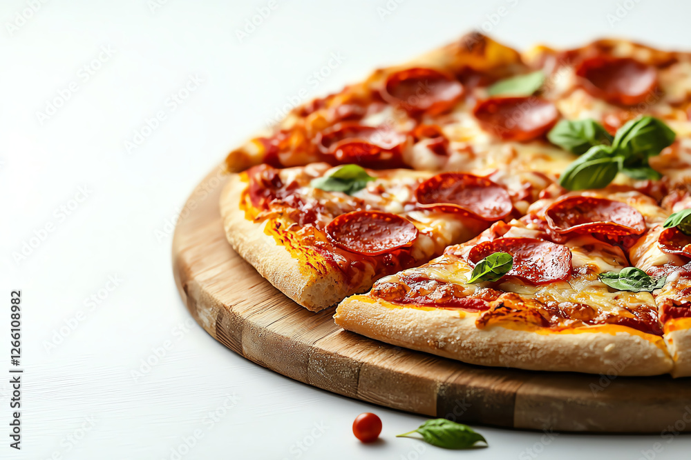 delicious pepperoni pizza with fresh basil on wooden board, showcasing crispy crust and melted cheese. vibrant toppings create appetizing and inviting appearance delicious pepperoni pizza with fresh basil on wooden board, showcasing crispy crust and melted cheese. vibrant toppings create appetizing and inviting appearance