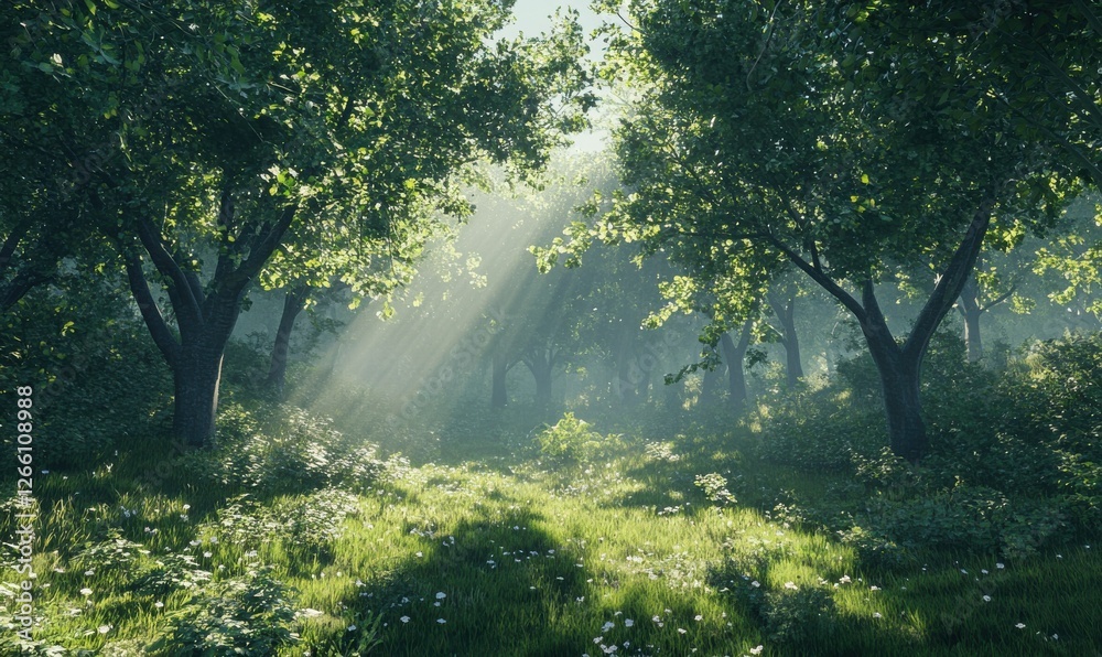 Obraz premium Tranquil forest scene with tall, lush green trees and soft dappled light filtering through, creating a serene and immersive nature view
