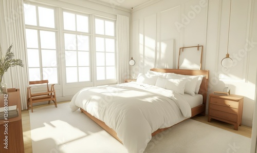 Bright modern bedroom with soft white bedding, wooden furniture, and large windows letting in warm natural light, minimalist decor creating a peaceful atmosphere, clean serene tones