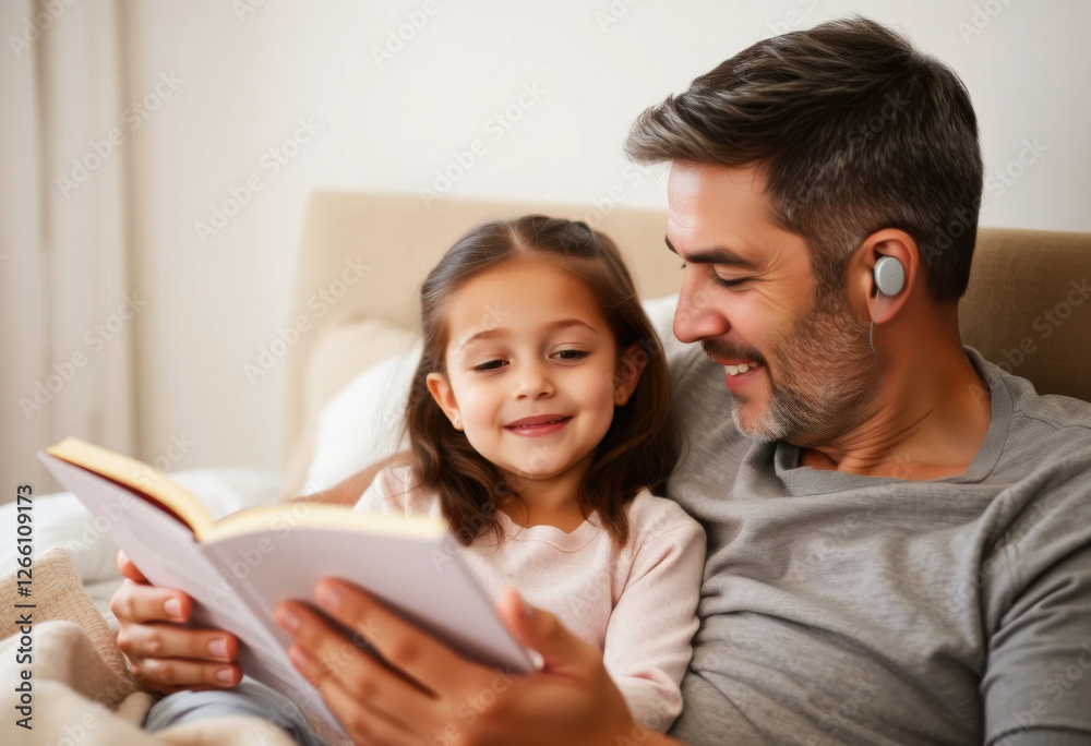 Padre con un audífono leyéndole un cuento a su hija antes de dormir, ambos compartiendo un momento de amor juntos
Padre con un audífono leyéndole un cuento a su hija antes de dormir, ambos compartiendo un momento de amor juntos