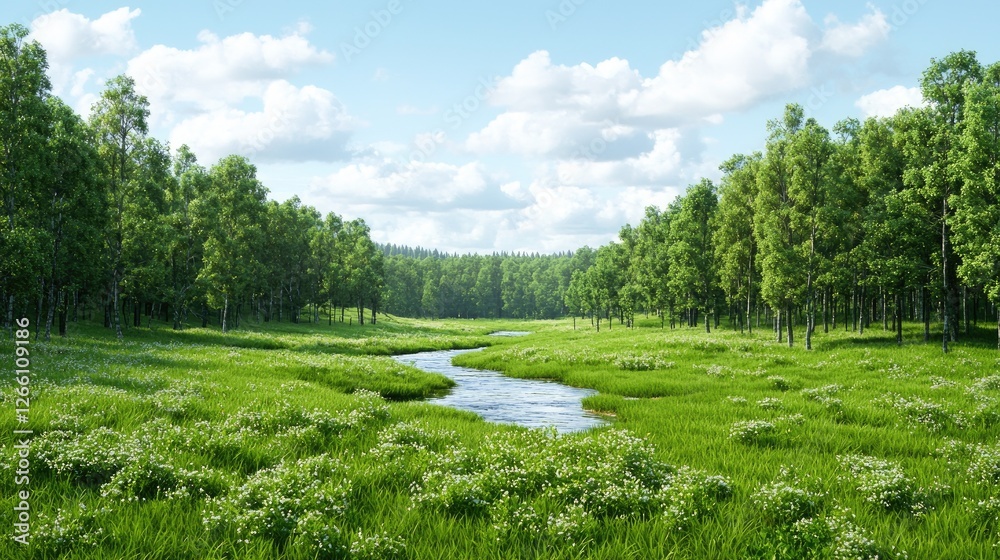 Serene river meandering through lush green forest, sunny day, nature background Serene river meandering through lush green forest, sunny day, nature background