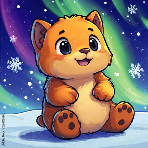 Cute Orange Cartoon Fox with Big Eyes Sitting on Snow Under Northern Lights Vector Image - Adorable Animal, Winter Scene, Fantasy Illustration