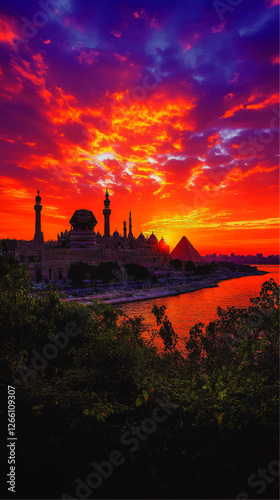 Stunning Sunset over Cairo with Majestic Sphinx, Historic Mosque, and Iconic Pyramid Silhouette by the Nile, Surrounded by Verdant Foliage and Vibrant Skies