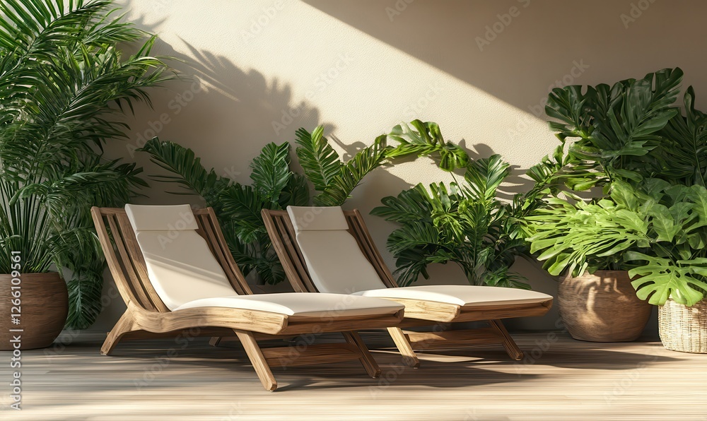 Obraz premium Bright outdoor patio with wooden lounge chairs, minimalist design and vibrant potted plants creating a relaxing vibe.