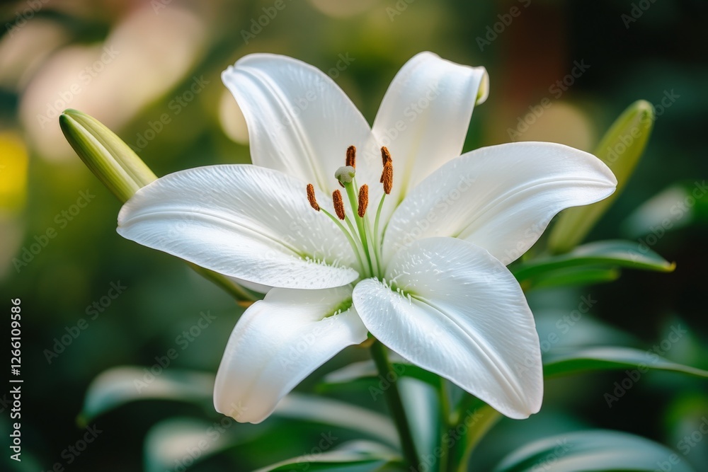 Fototapeta premium Beautiful white lily blooming in a lush garden during daylight hours