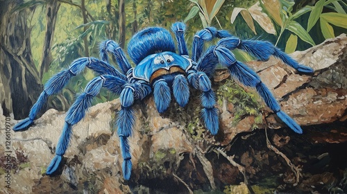 Close-up of a rare blue tarantula spider crawling across a stone in its natural habitat.
 photo