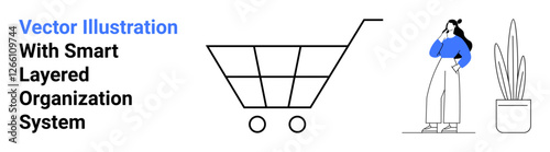 Shopping cart, person pondering purchase, potted plant. Ideal for e-commerce, retail, decision-making, lifestyle, minimalism online shopping consumer behavior. Flat landing page banner