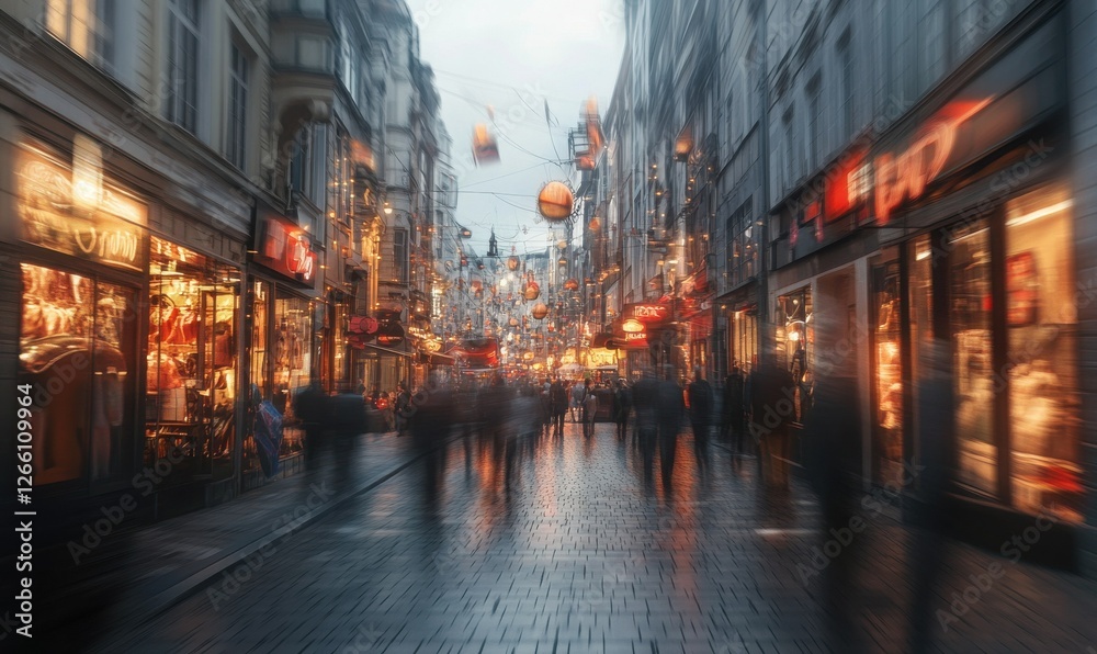 Fototapeta premium Busy urban street at dusk with blurred motion of people and lights, symbolizing city life and modern hustle
