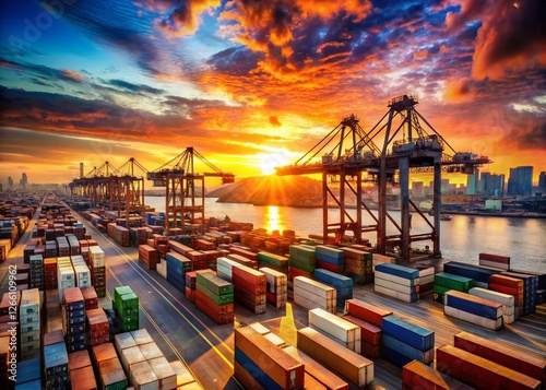 Wallpaper Mural Sunset Port Cityscape: Busy Shipping Containers & Cranes with Bokeh Effect Torontodigital.ca