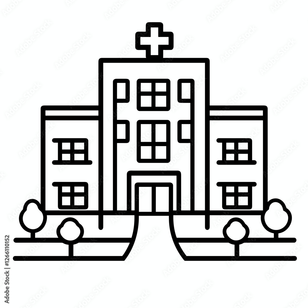 Hospital building outline with trees in front Hospital building outline with trees in front