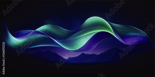 Vibrant Northern Lights Vector Art Over Majestic Mountains at Night with Abstract Wavy Design in Blue Green Purple Color Palette for Digital Backgrounds