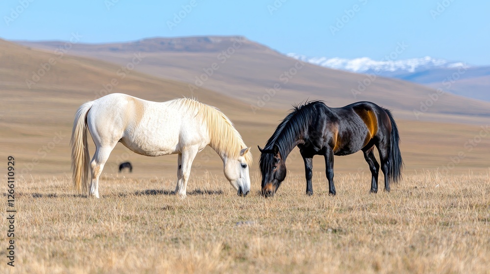 Obraz premium Two horses grazing in a dry, grassy plain, mountains in the background. Possible use Nature photography