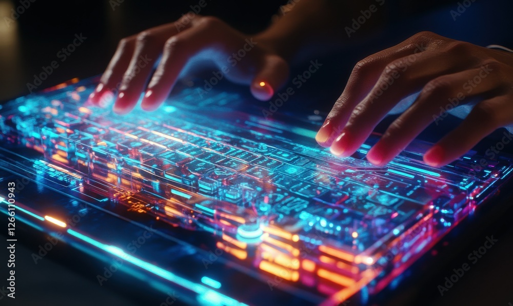 Close-up of hands typing on a glowing futuristic keyboard, vibrant neon reflections highlighting the advanced tech concept, dynamic and clean design