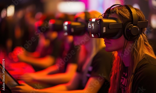 Immersive photo of gamers wearing VR headsets fully engaged in virtual reality games in a neon-lit gaming event