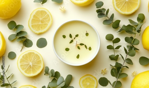 A zoomedin view of a handpoured citronella candle highlighting the natural lemon and eucalyptus leaves suspended in the wax perfect for keeping mosquitoes at bay.