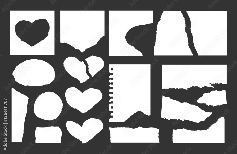 Set of white paper sheets torn into pieces in form of heart. Elements, empty textbox, blank frame for text, collage, banner, flyer, wallpaper. Isolated vector illustration on black background EPS10	