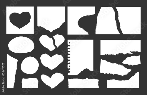 Set of white paper sheets torn into pieces in form of heart. Elements, empty textbox, blank frame for text, collage, banner, flyer, wallpaper. Isolated vector illustration on black background EPS10	