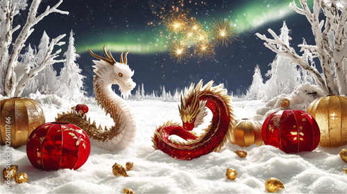 Majestic Red and White Dragons Amid Snowy Winter Wonderland with Fireworks and Aurora Borealis; Festive Red and Gold Lanterns in Frosty Landscape