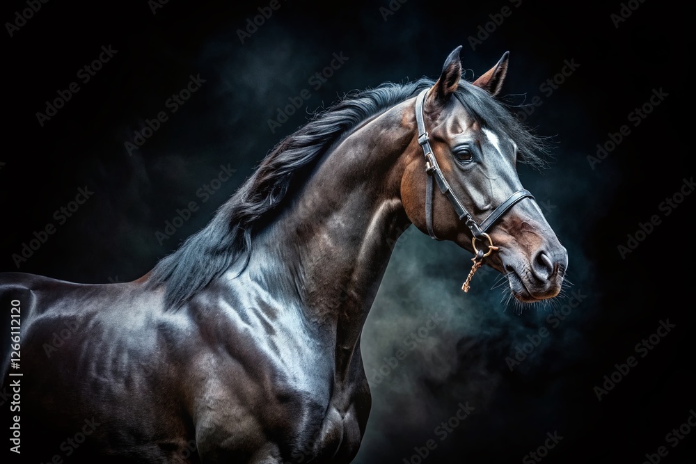Obraz premium Surreal Black Horse Painting, Dark Art, Mysterious Equine Portrait, Abstract Equestrian Artwork, Home Decor